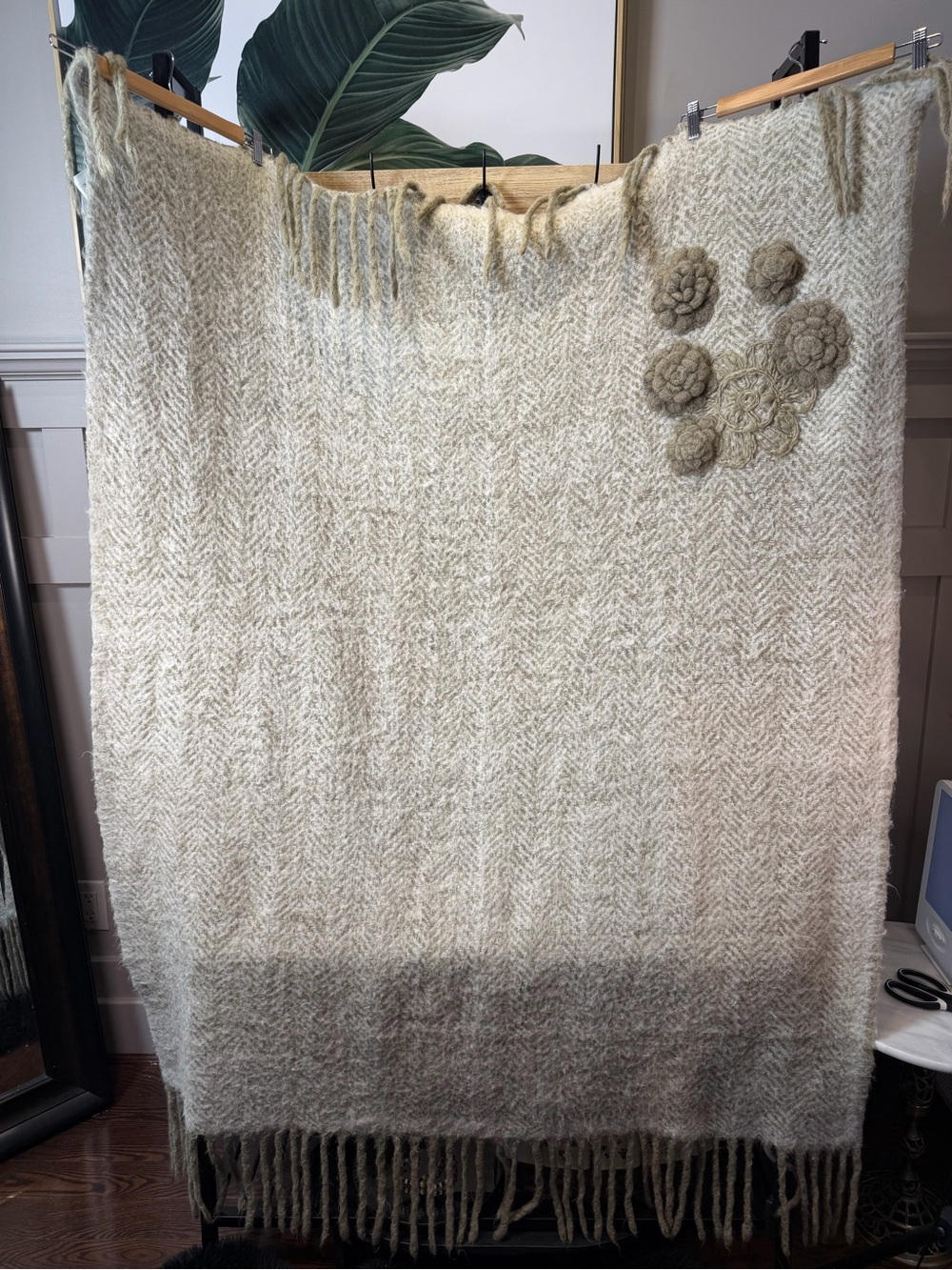 ArtisticWool Blend Cream Herringbone Floral Appliqué Tufted Flowers Woven Throw